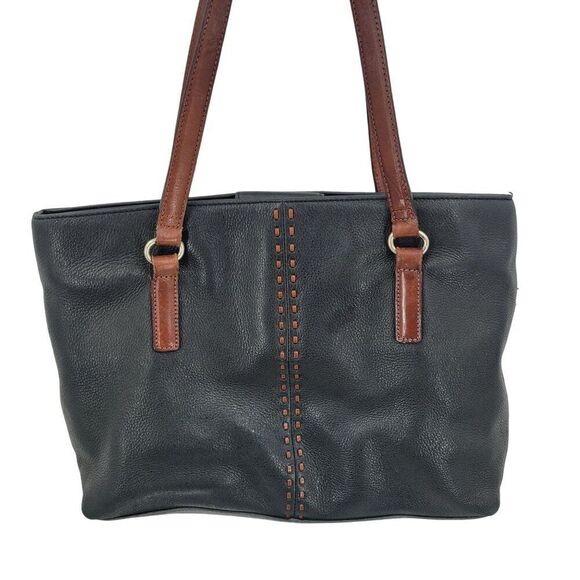 Fossil Black Genuine Leather Tote Bag Pebble Brown Embroidery Western City Med - Picture 4 of 12